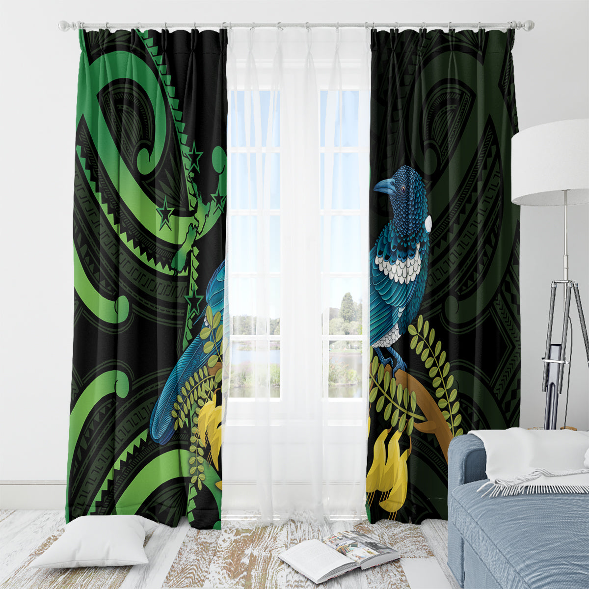 New Zealand Tui Bird Window Curtain Aotearoa Maori With Kowhai Flowers LT14 - Polynesian Pride