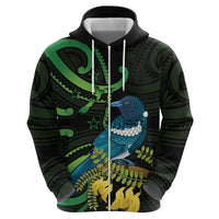 New Zealand Tui Bird Zip Hoodie Aotearoa Maori With Kowhai Flowers