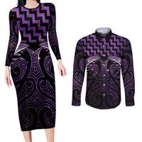 Purple Matariki New Zealand Couples Matching Long Sleeve Bodycon Dress and Long Sleeve Button Shirt Maori Poutama Galaxy Vibes