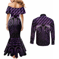 Purple Matariki New Zealand Couples Matching Mermaid Dress and Long Sleeve Button Shirt Maori Poutama Galaxy Vibes