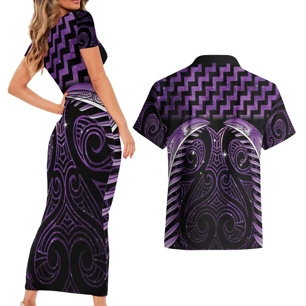 Purple Matariki New Zealand Couples Matching Short Sleeve Bodycon Dress and Hawaiian Shirt Maori Poutama Galaxy Vibes