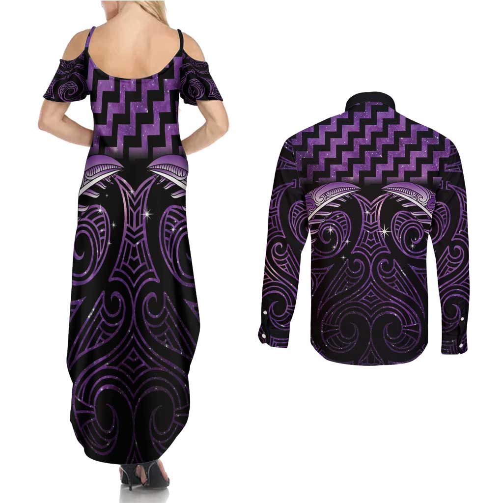 Purple Matariki New Zealand Couples Matching Summer Maxi Dress and Long Sleeve Button Shirt Maori Poutama Galaxy Vibes