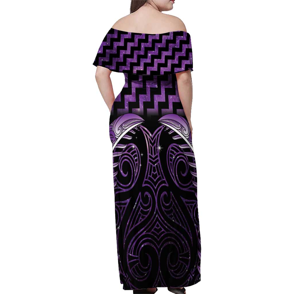 Purple Matariki New Zealand Family Matching Off Shoulder Maxi Dress and Hawaiian Shirt Maori Poutama Galaxy Vibes