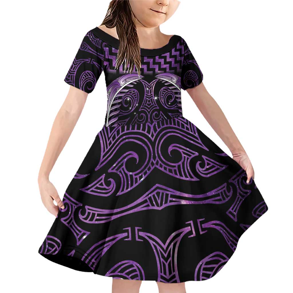 Purple Matariki New Zealand Family Matching Off Shoulder Short Dress and Hawaiian Shirt Maori Poutama Galaxy Vibes