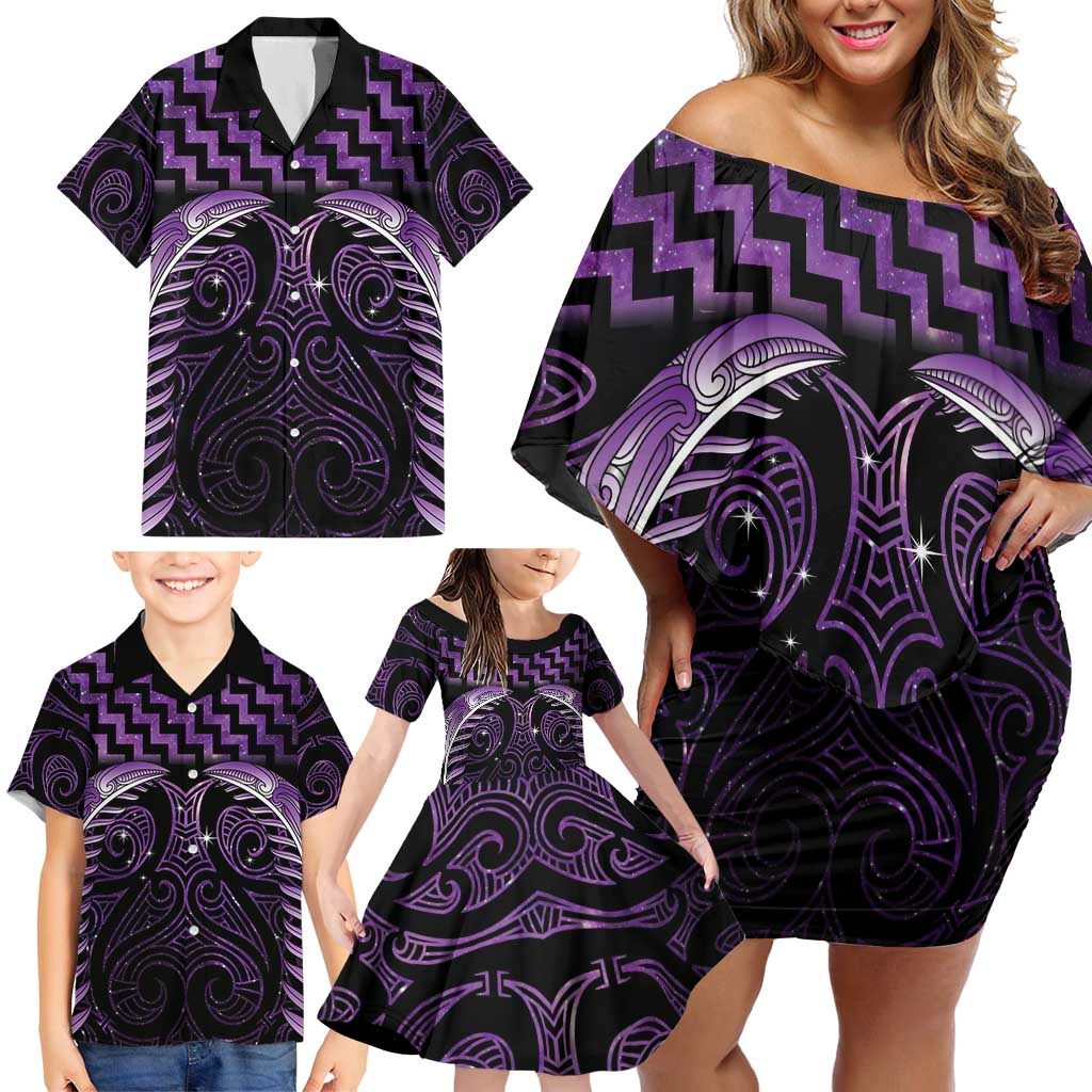 Purple Matariki New Zealand Family Matching Off Shoulder Short Dress and Hawaiian Shirt Maori Poutama Galaxy Vibes