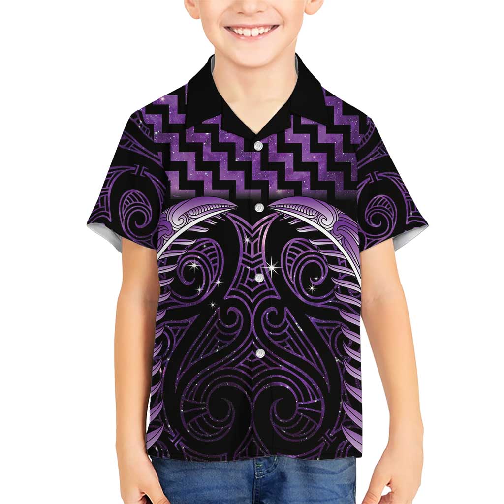 Purple Matariki New Zealand Family Matching Short Sleeve Bodycon Dress and Hawaiian Shirt Maori Poutama Galaxy Vibes