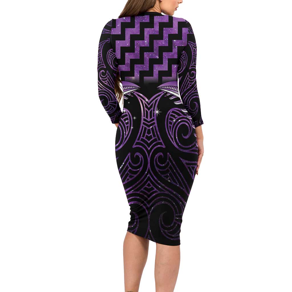 Purple Matariki New Zealand Long Sleeve Bodycon Dress Maori Poutama Galaxy Vibes