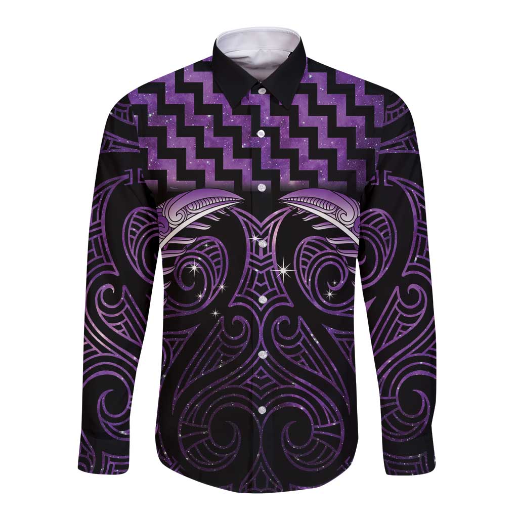 Purple Matariki New Zealand Long Sleeve Button Shirt Maori Poutama Galaxy Vibes