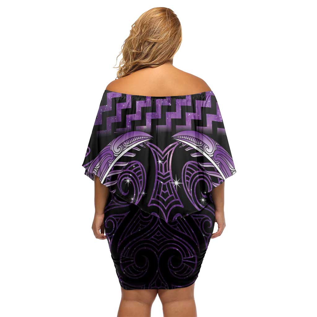 Purple Matariki New Zealand Off Shoulder Short Dress Maori Poutama Galaxy Vibes