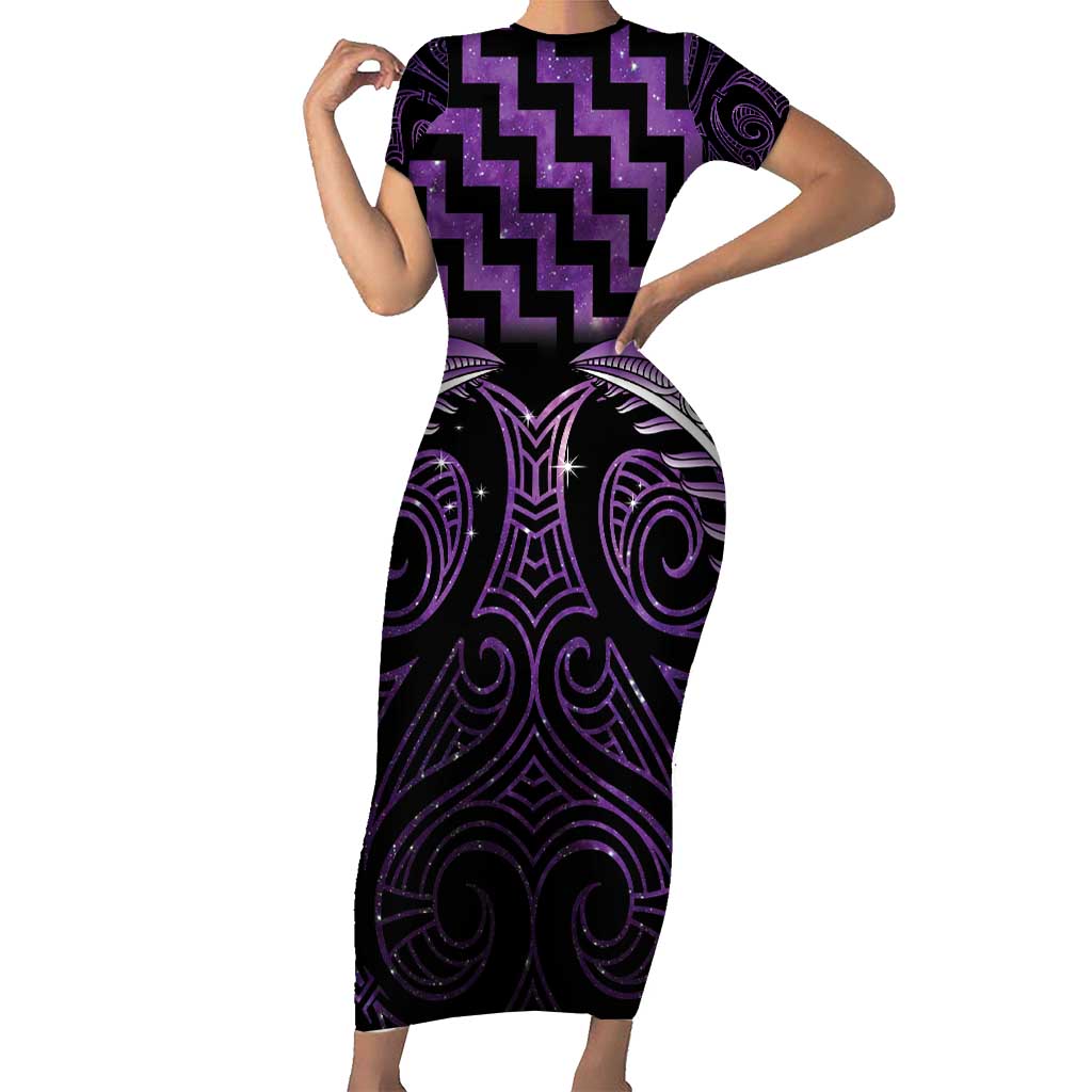 Purple Matariki New Zealand Short Sleeve Bodycon Dress Maori Poutama Galaxy Vibes