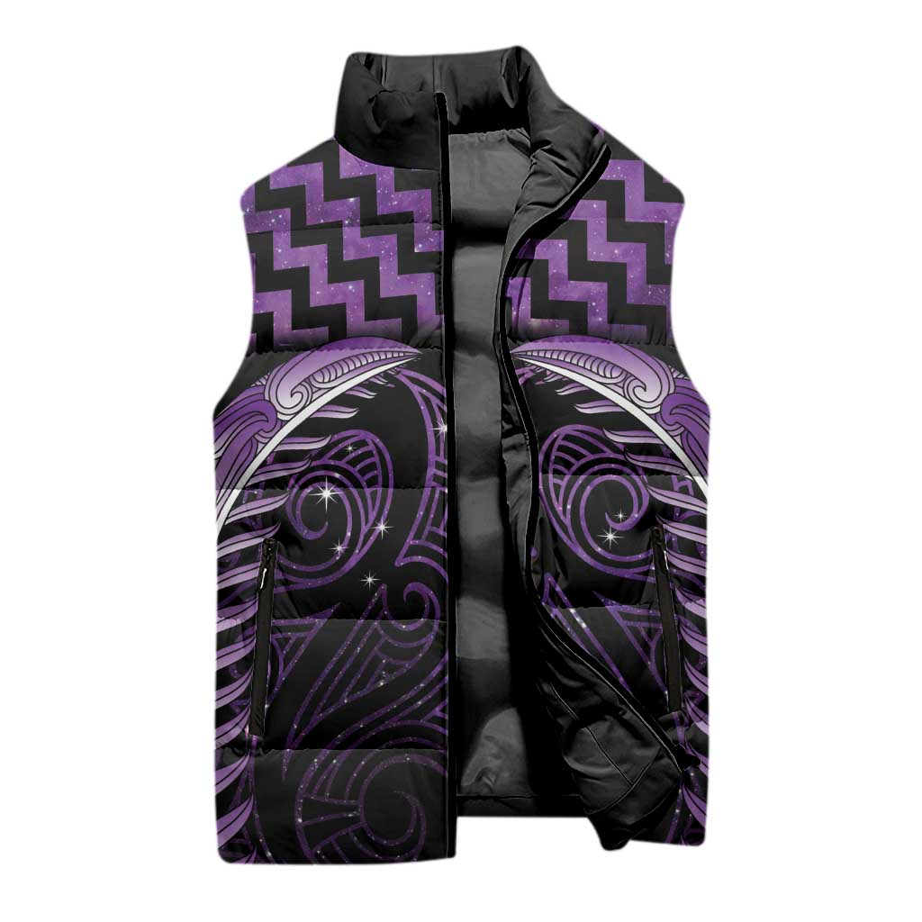 Purple Matariki New Zealand Sleeveless Puffer Jacket Maori Poutama Galaxy Vibes - Polynesian Pride