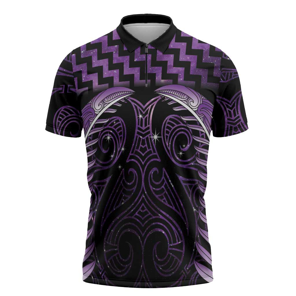 Purple Matariki New Zealand Zipper Polo Shirt Maori Poutama Galaxy Vibes - Polynesian Pride