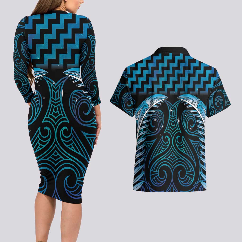 Blue Matariki New Zealand Couples Matching Long Sleeve Bodycon Dress and Hawaiian Shirt Maori Poutama Galaxy Vibes