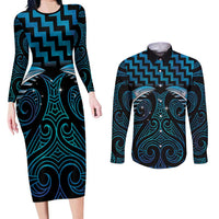 Blue Matariki New Zealand Couples Matching Long Sleeve Bodycon Dress and Long Sleeve Button Shirt Maori Poutama Galaxy Vibes