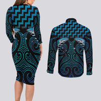 Blue Matariki New Zealand Couples Matching Long Sleeve Bodycon Dress and Long Sleeve Button Shirt Maori Poutama Galaxy Vibes