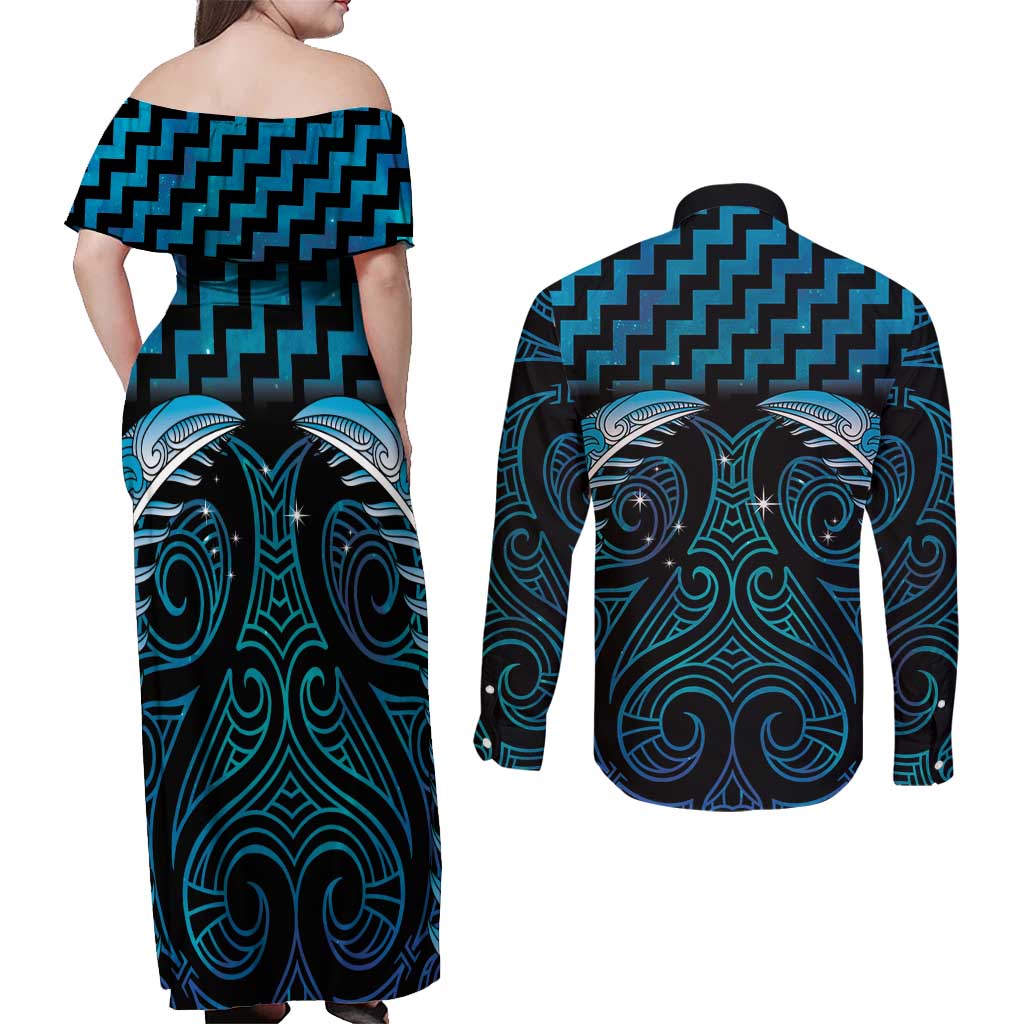 Blue Matariki New Zealand Couples Matching Off Shoulder Maxi Dress and Long Sleeve Button Shirt Maori Poutama Galaxy Vibes