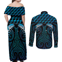 Blue Matariki New Zealand Couples Matching Off Shoulder Maxi Dress and Long Sleeve Button Shirt Maori Poutama Galaxy Vibes