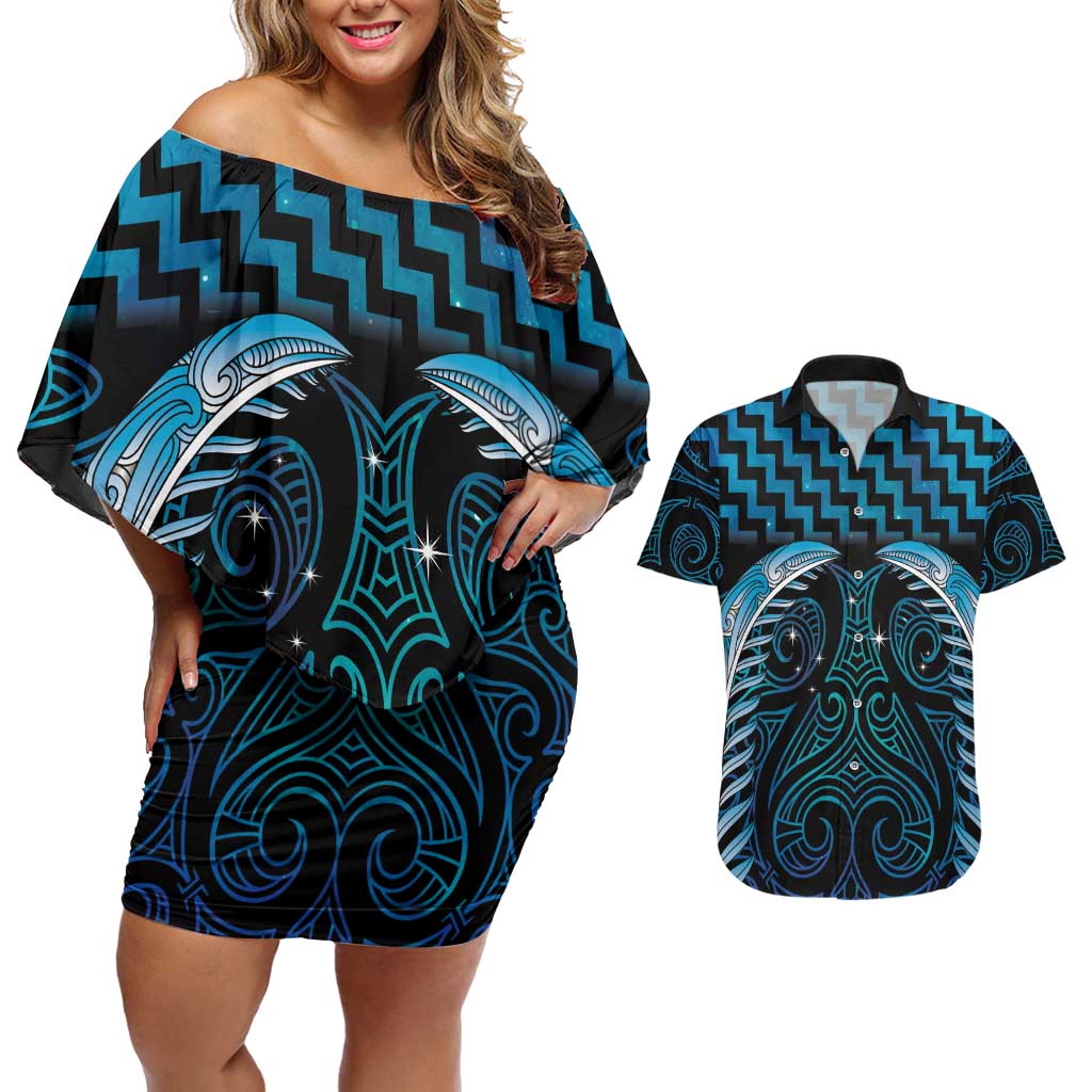 Blue Matariki New Zealand Couples Matching Off Shoulder Short Dress and Hawaiian Shirt Maori Poutama Galaxy Vibes