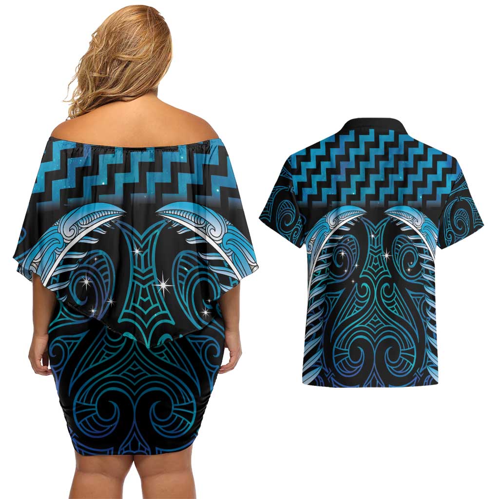 Blue Matariki New Zealand Couples Matching Off Shoulder Short Dress and Hawaiian Shirt Maori Poutama Galaxy Vibes