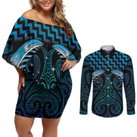 Blue Matariki New Zealand Couples Matching Off Shoulder Short Dress and Long Sleeve Button Shirt Maori Poutama Galaxy Vibes