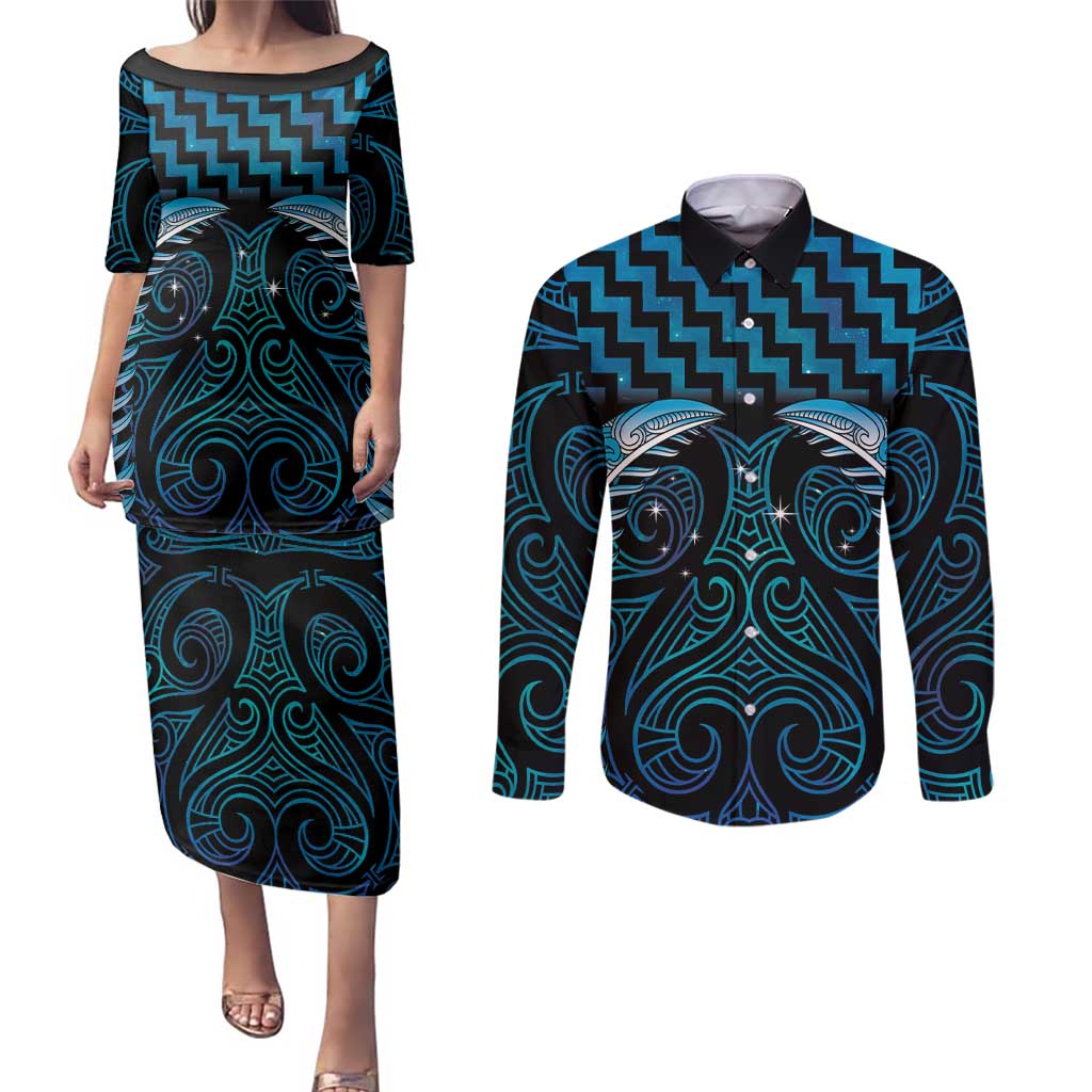 Blue Matariki New Zealand Couples Matching Puletasi and Long Sleeve Button Shirt Maori Poutama Galaxy Vibes