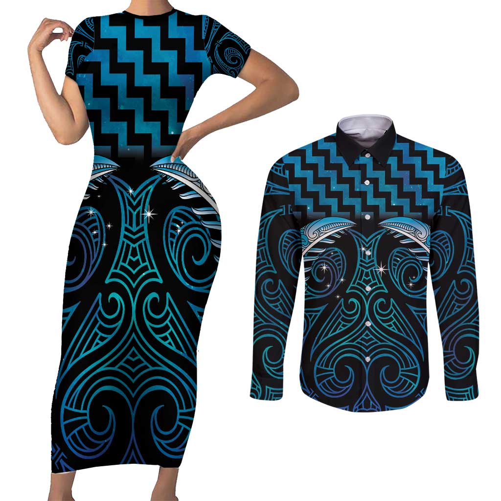 Blue Matariki New Zealand Couples Matching Short Sleeve Bodycon Dress and Long Sleeve Button Shirt Maori Poutama Galaxy Vibes