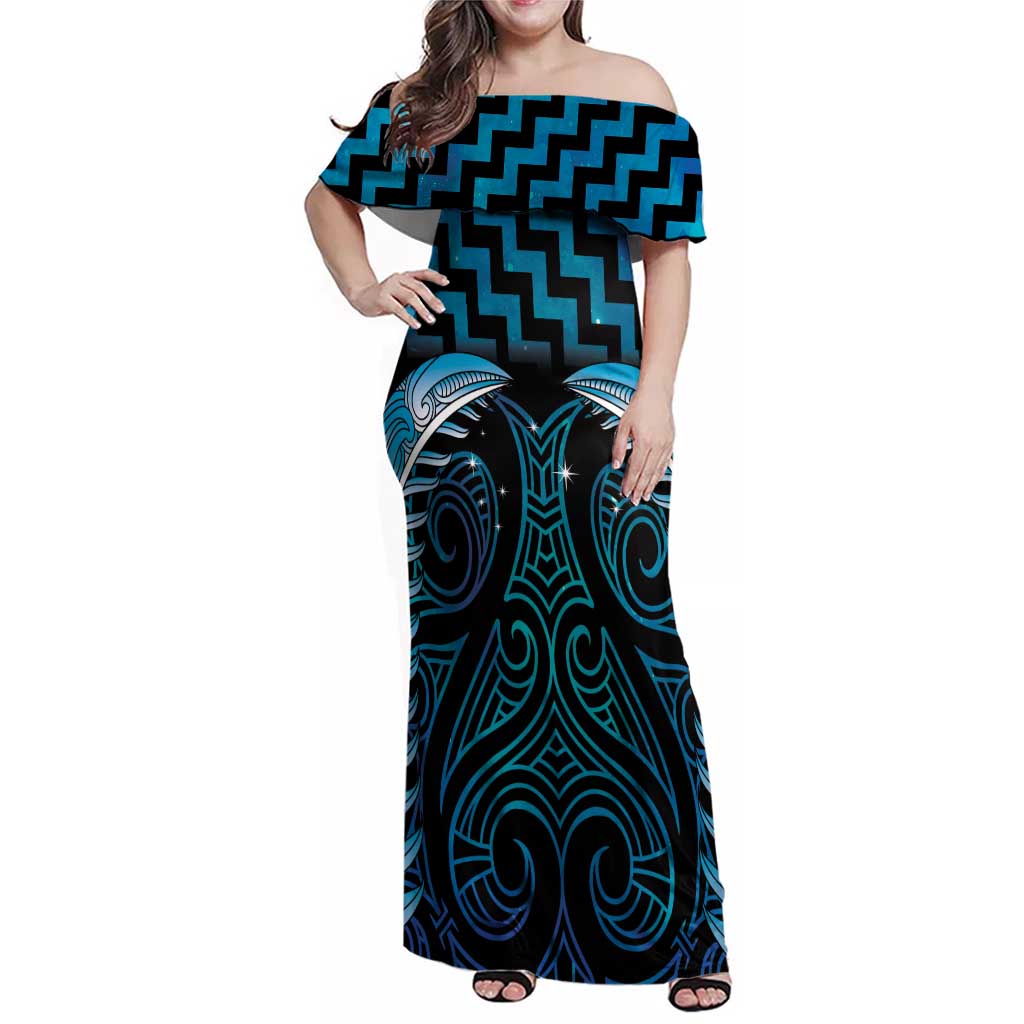 Blue Matariki New Zealand Family Matching Off Shoulder Maxi Dress and Hawaiian Shirt Maori Poutama Galaxy Vibes