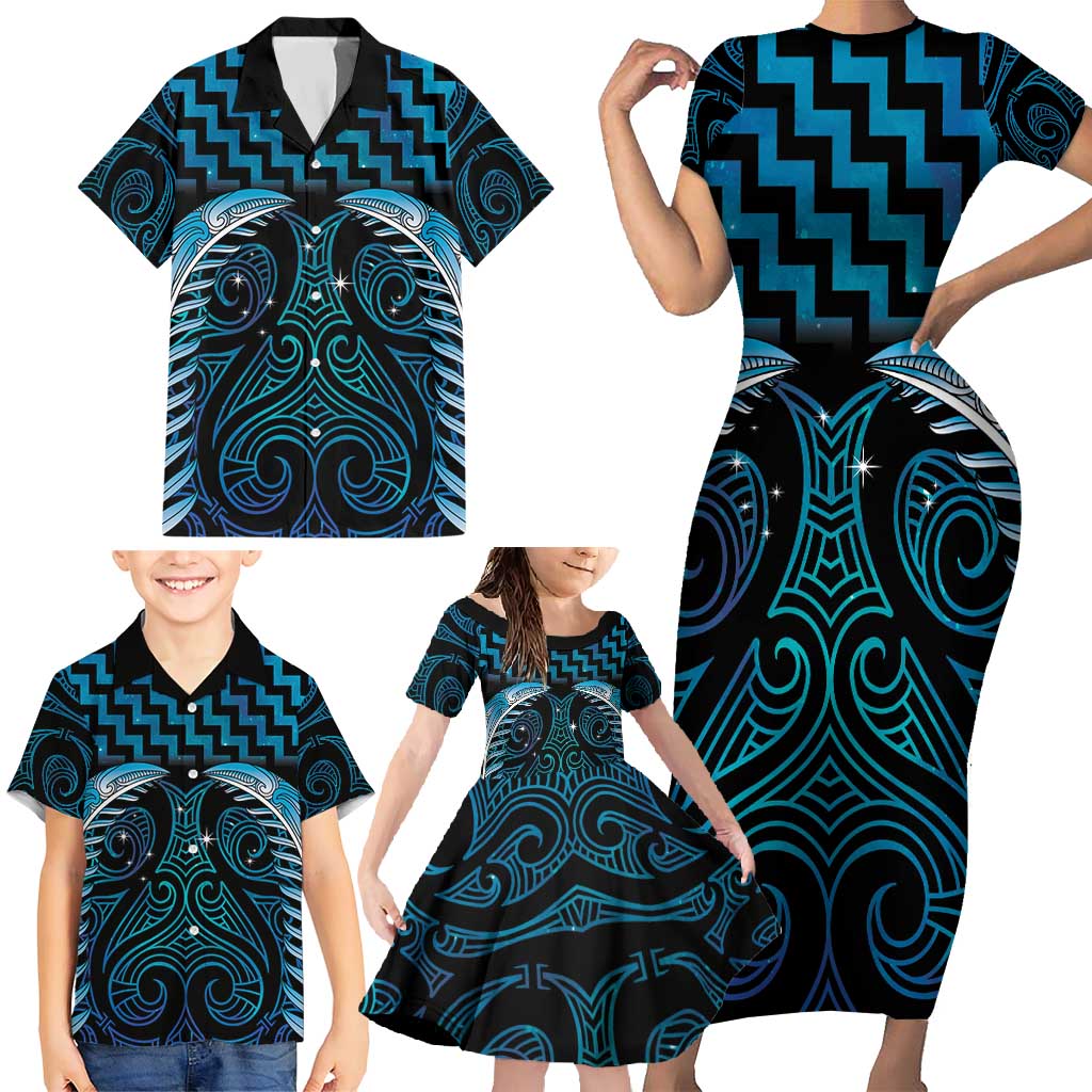 Blue Matariki New Zealand Family Matching Short Sleeve Bodycon Dress and Hawaiian Shirt Maori Poutama Galaxy Vibes