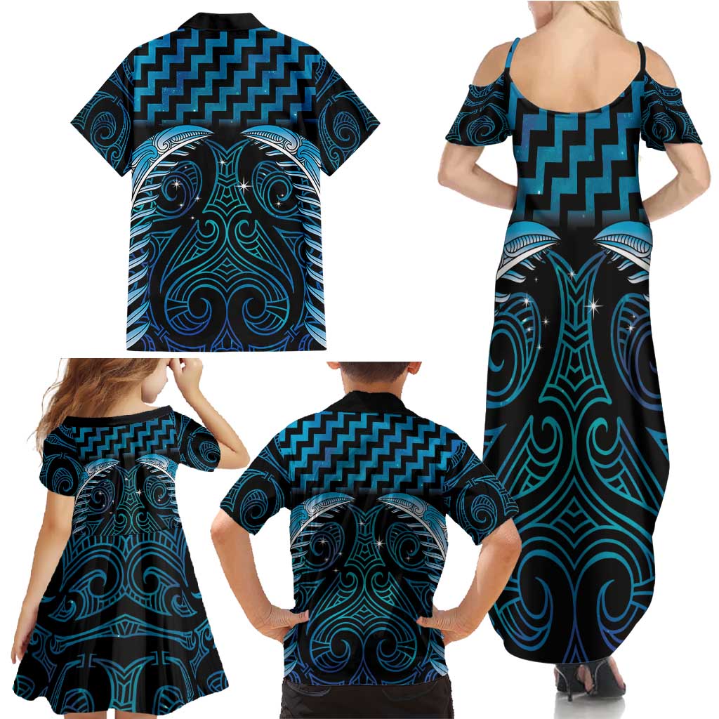 Blue Matariki New Zealand Family Matching Summer Maxi Dress and Hawaiian Shirt Maori Poutama Galaxy Vibes