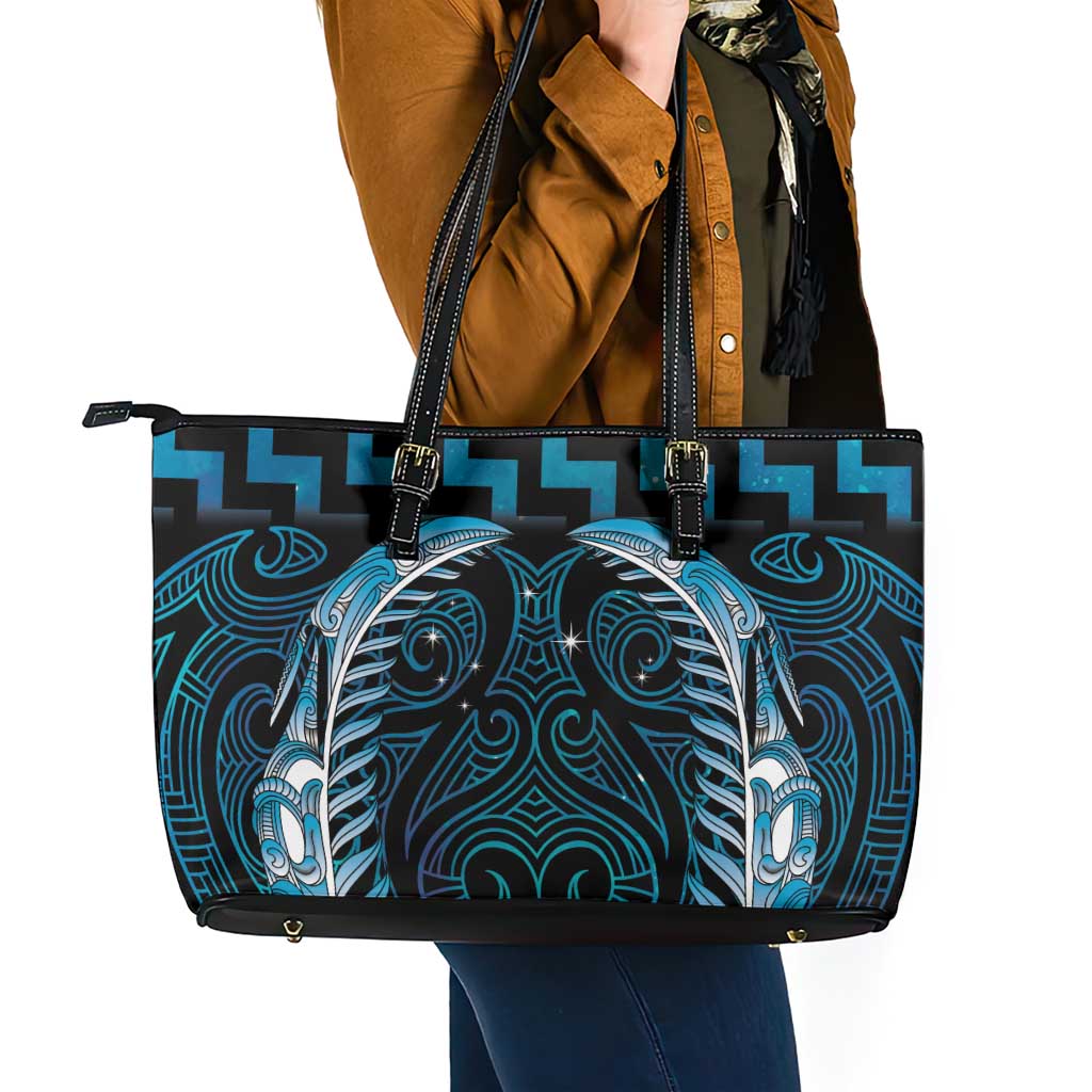 Blue Matariki New Zealand Leather Tote Bag Maori Poutama Galaxy Vibes