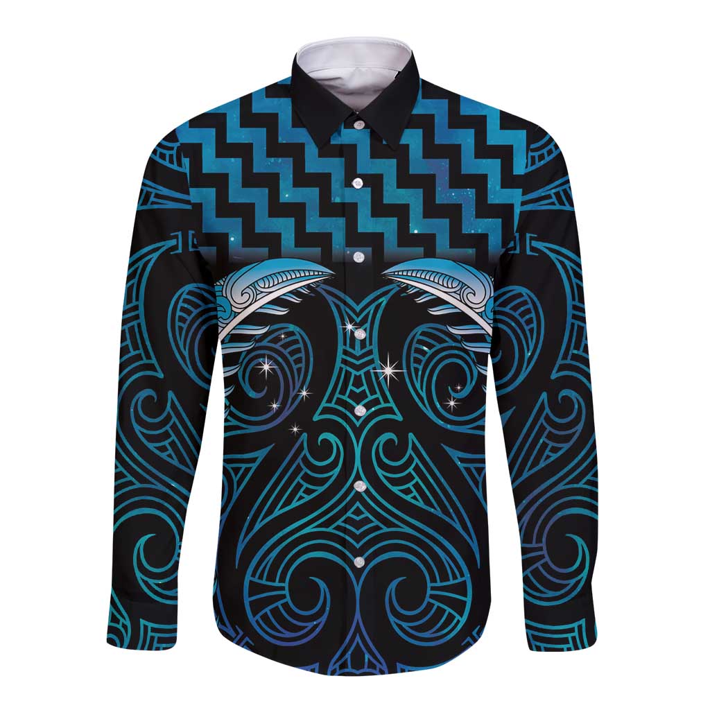 Blue Matariki New Zealand Long Sleeve Button Shirt Maori Poutama Galaxy Vibes