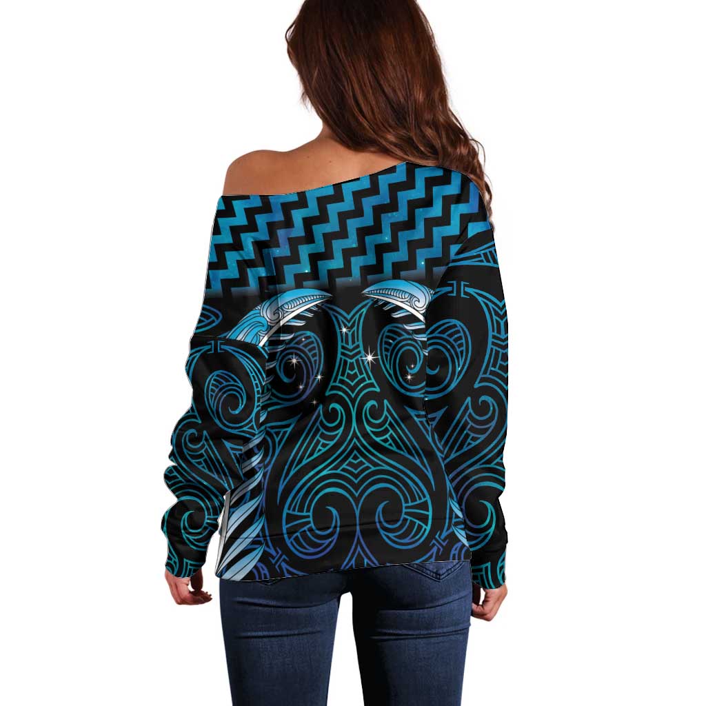 Blue Matariki New Zealand Off Shoulder Sweater Maori Poutama Galaxy Vibes
