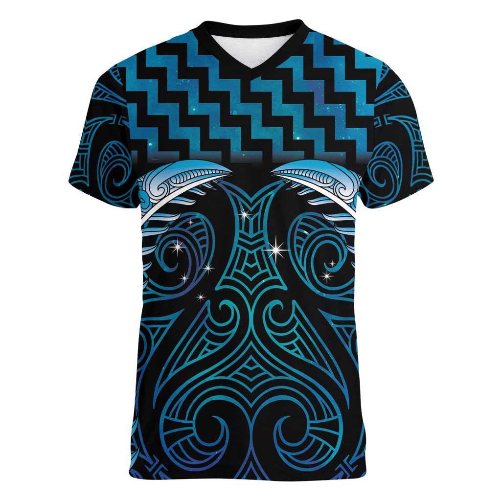 Blue Matariki New Zealand Women V-Neck T-Shirt Maori Poutama Galaxy Vibes