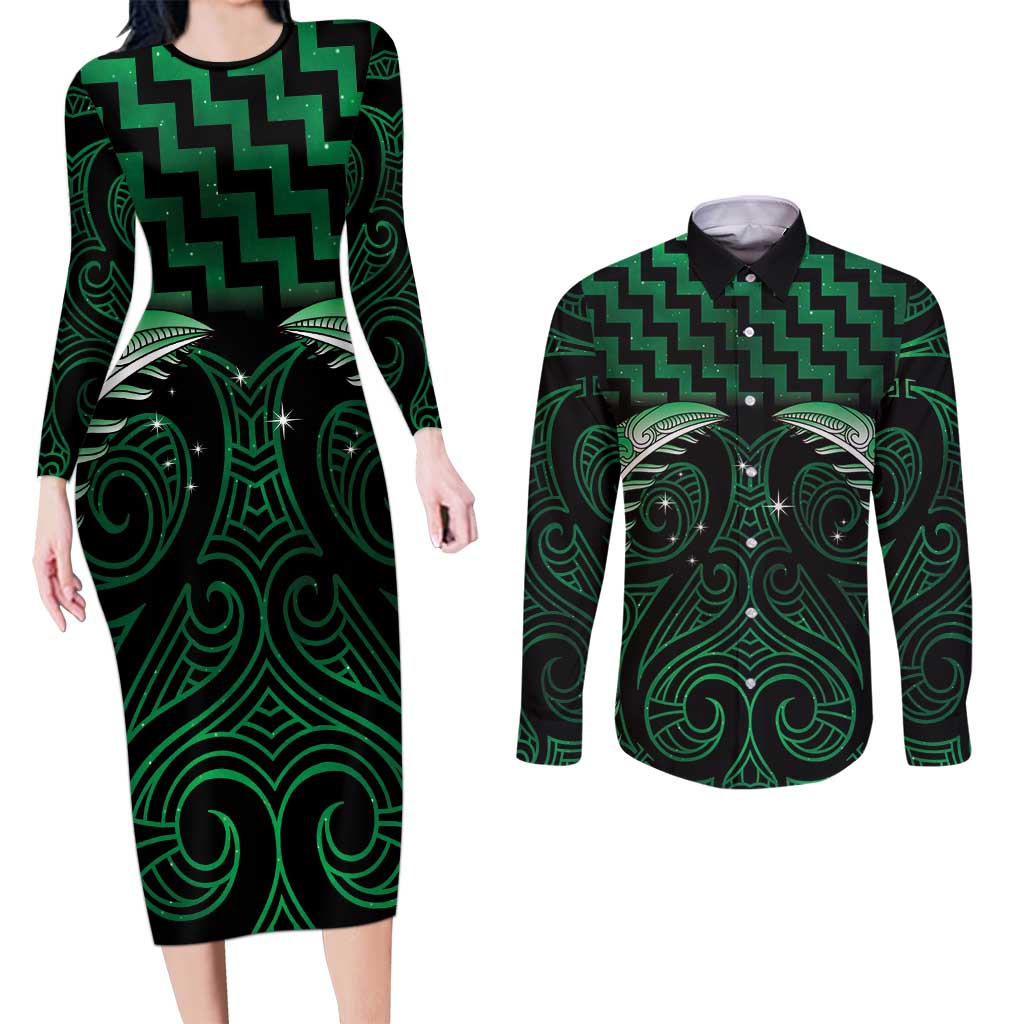 Green Matariki New Zealand Couples Matching Long Sleeve Bodycon Dress and Long Sleeve Button Shirt Maori Poutama Galaxy Vibes