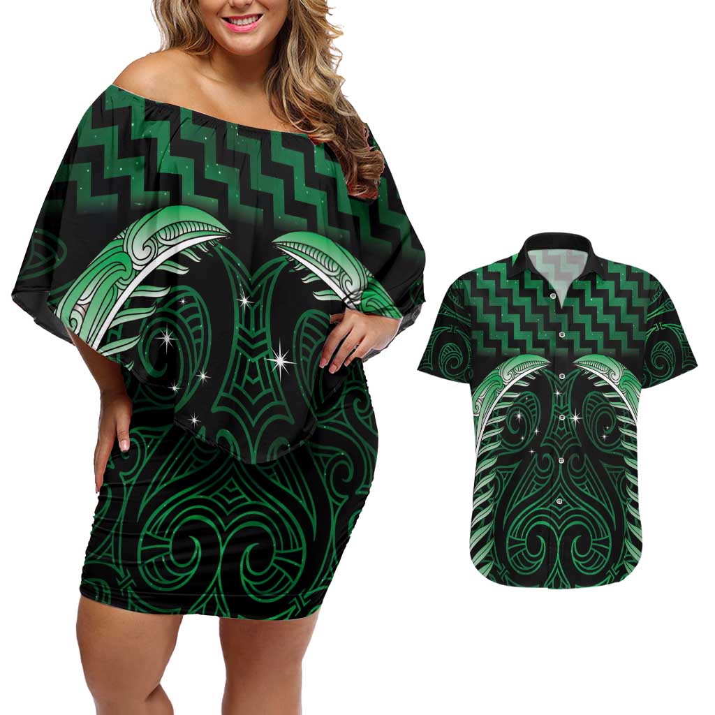 Green Matariki New Zealand Couples Matching Off Shoulder Short Dress and Hawaiian Shirt Maori Poutama Galaxy Vibes