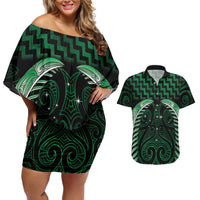 Green Matariki New Zealand Couples Matching Off Shoulder Short Dress and Hawaiian Shirt Maori Poutama Galaxy Vibes