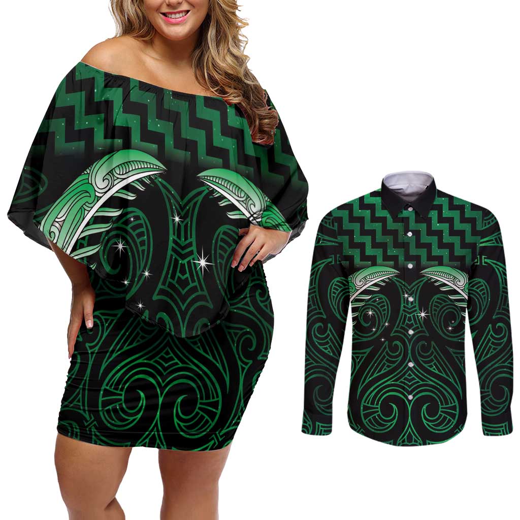 Green Matariki New Zealand Couples Matching Off Shoulder Short Dress and Long Sleeve Button Shirt Maori Poutama Galaxy Vibes