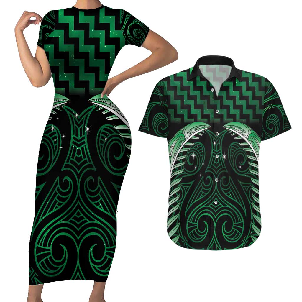 Green Matariki New Zealand Couples Matching Short Sleeve Bodycon Dress and Hawaiian Shirt Maori Poutama Galaxy Vibes