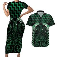 Green Matariki New Zealand Couples Matching Short Sleeve Bodycon Dress and Hawaiian Shirt Maori Poutama Galaxy Vibes