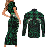 Green Matariki New Zealand Couples Matching Short Sleeve Bodycon Dress and Long Sleeve Button Shirt Maori Poutama Galaxy Vibes