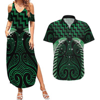 Green Matariki New Zealand Couples Matching Summer Maxi Dress and Hawaiian Shirt Maori Poutama Galaxy Vibes