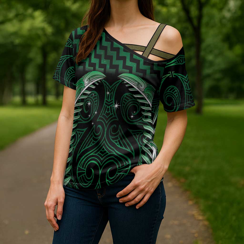 Green Matariki New Zealand Cross Shoulder Shirt Maori Poutama Galaxy Vibes - Polynesian Pride