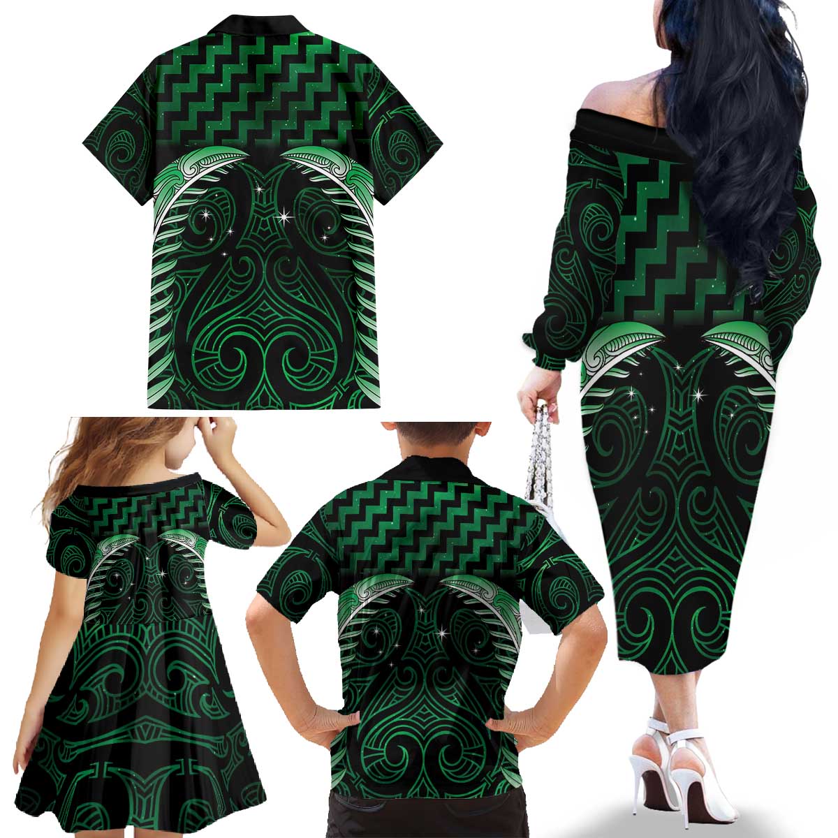 Green Matariki New Zealand Family Matching Off The Shoulder Long Sleeve Dress and Hawaiian Shirt Maori Poutama Galaxy Vibes