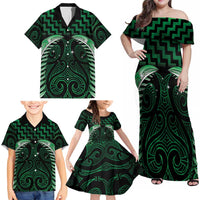 Green Matariki New Zealand Family Matching Off Shoulder Maxi Dress and Hawaiian Shirt Maori Poutama Galaxy Vibes