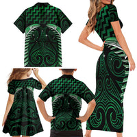 Green Matariki New Zealand Family Matching Short Sleeve Bodycon Dress and Hawaiian Shirt Maori Poutama Galaxy Vibes