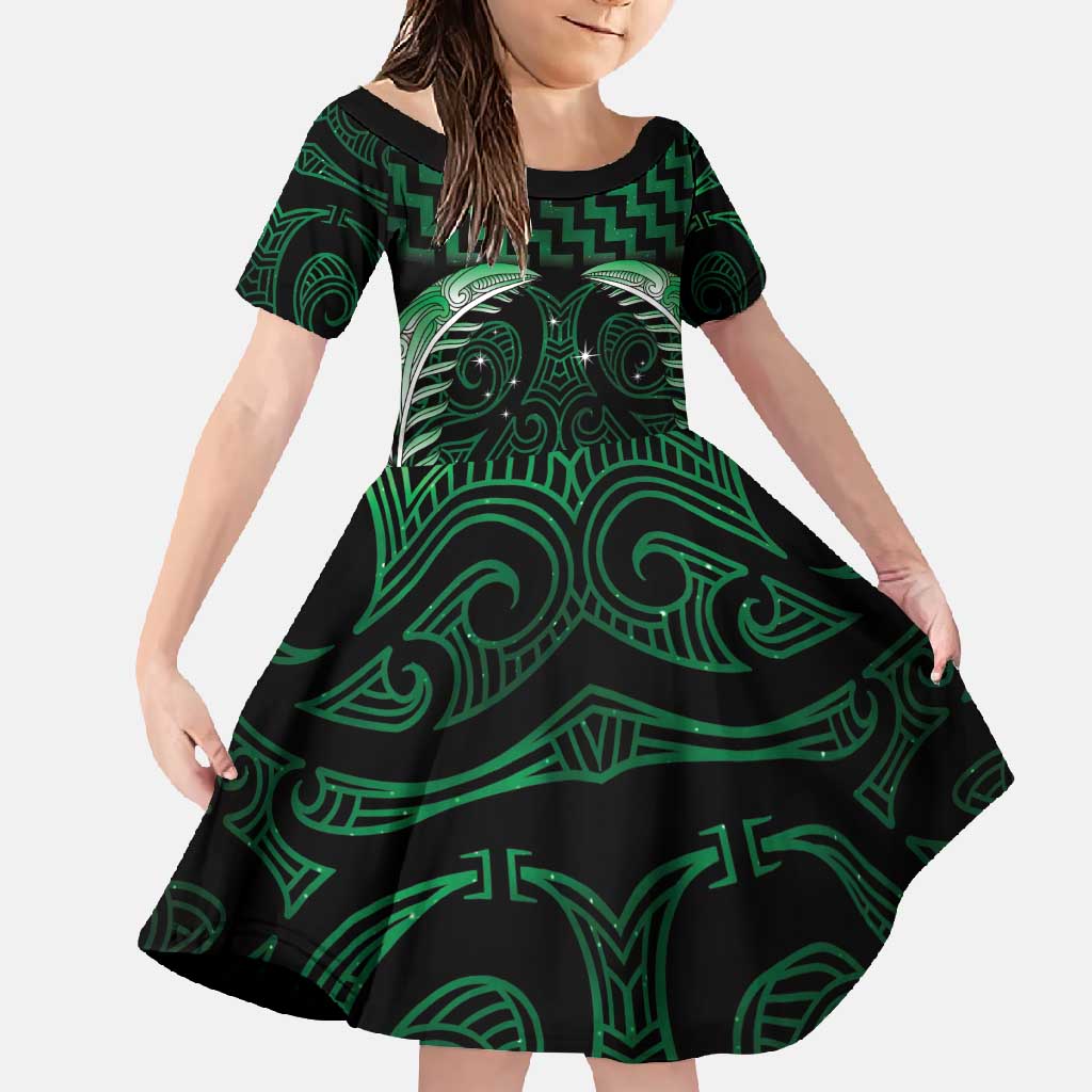Green Matariki New Zealand Family Matching Tank Maxi Dress and Hawaiian Shirt Maori Poutama Galaxy Vibes
