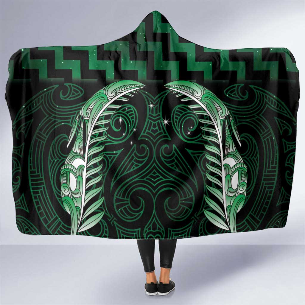 Green Matariki New Zealand Hooded Blanket Maori Poutama Galaxy Vibes