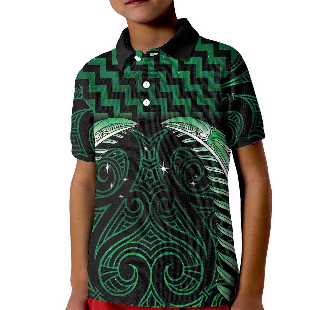 Green Matariki New Zealand Kid Polo Shirt Maori Poutama Galaxy Vibes