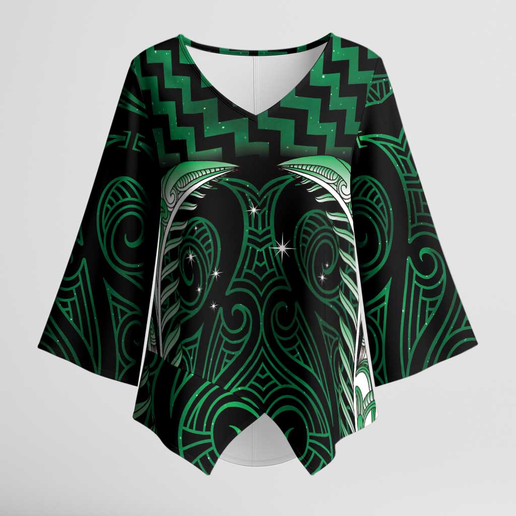 Green Matariki New Zealand Kimono Sleeve Blouse Maori Poutama Galaxy Vibes - Polynesian Pride