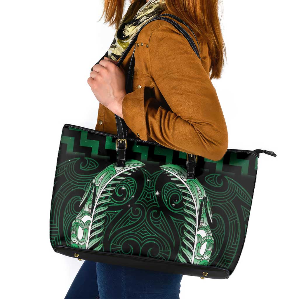 Green Matariki New Zealand Leather Tote Bag Maori Poutama Galaxy Vibes